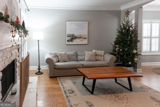 living room featuring ornamental molding and light wood-type flooring