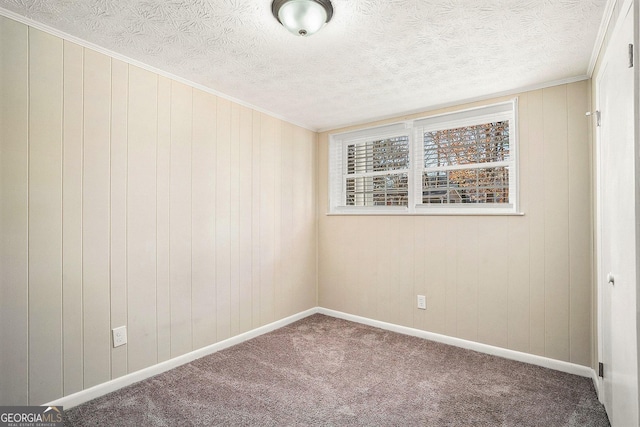 spare room with carpet, wood walls, and a textured ceiling