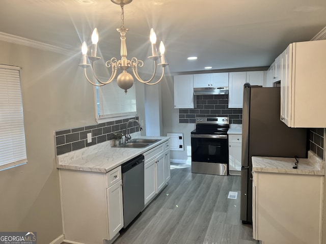 kitchen with decorative backsplash, appliances with stainless steel finishes, crown molding, sink, and white cabinetry