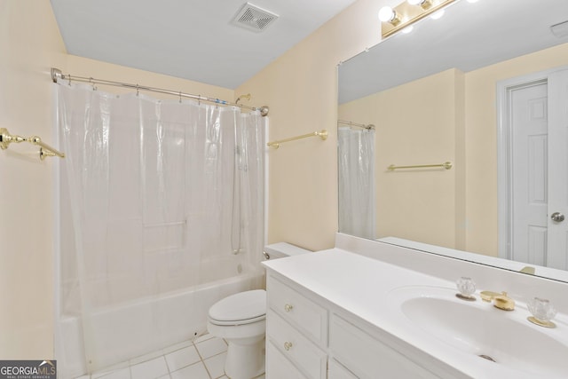 full bathroom featuring shower / tub combo with curtain, vanity, toilet, and tile patterned flooring