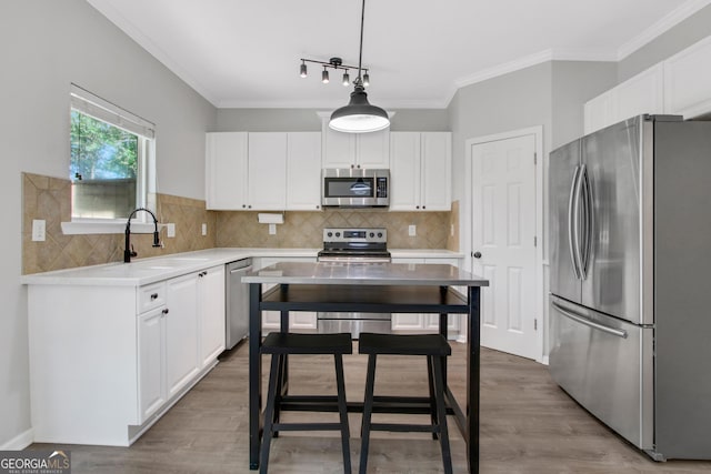 kitchen featuring white cabinetry, stainless steel appliances, and a sink