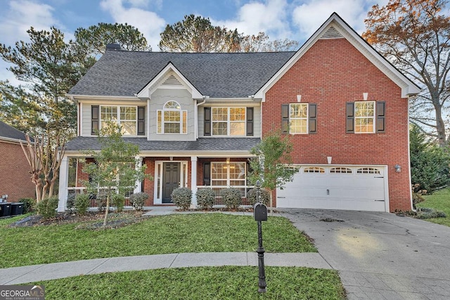 view of front facade with a front yard, a garage, and cooling unit