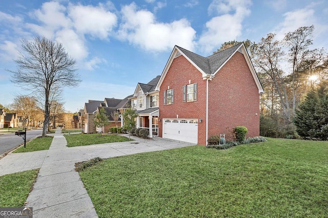 view of property exterior featuring a lawn and a garage