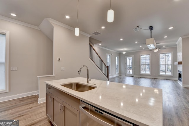 kitchen featuring dishwasher, pendant lighting, light hardwood / wood-style floors, and sink