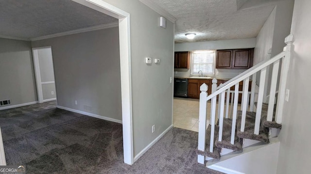 stairs with crown molding, sink, carpet, and a textured ceiling