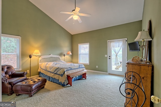 bedroom with high vaulted ceiling, ceiling fan, light carpet, and access to outside