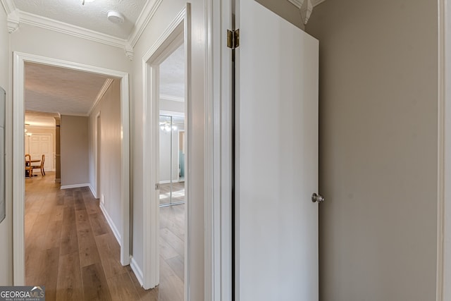 hall with ornamental molding, a textured ceiling, and light wood-type flooring