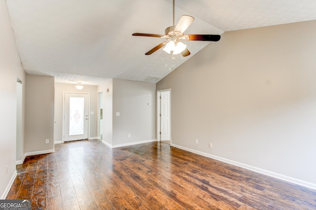 unfurnished living room featuring ceiling fan, dark hardwood / wood-style flooring, and high vaulted ceiling