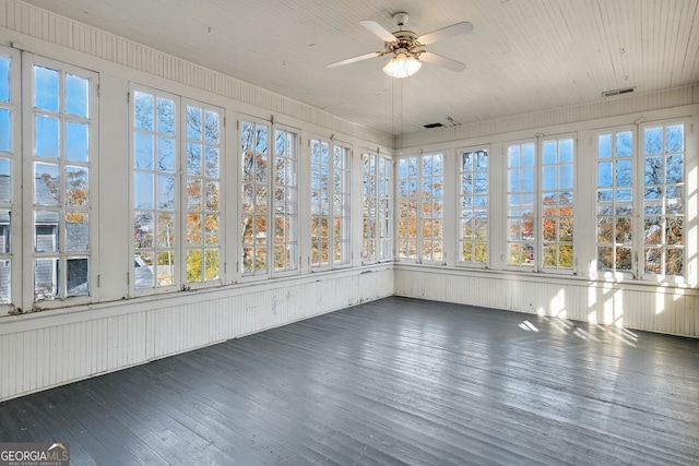 unfurnished sunroom featuring ceiling fan and a healthy amount of sunlight