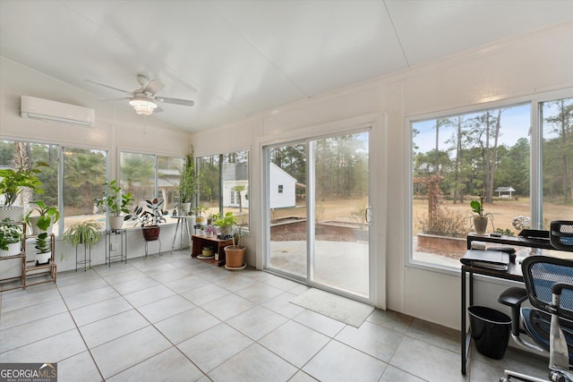 sunroom / solarium with ceiling fan, a wall unit AC, and vaulted ceiling