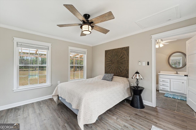 bedroom featuring ceiling fan, dark hardwood / wood-style floors, and ornamental molding