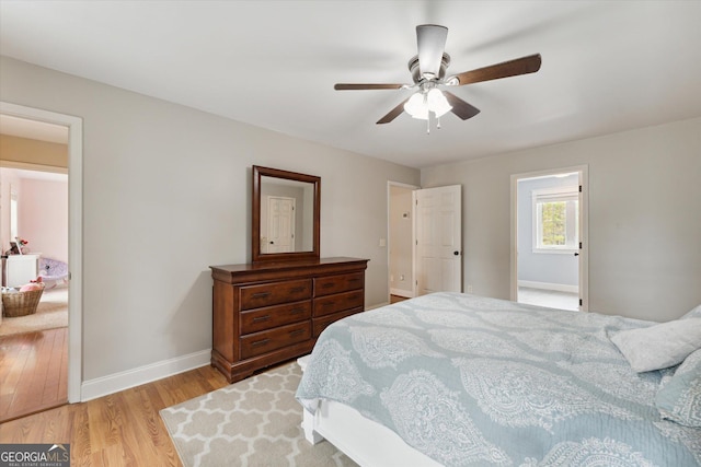 bedroom with light hardwood / wood-style flooring and ceiling fan