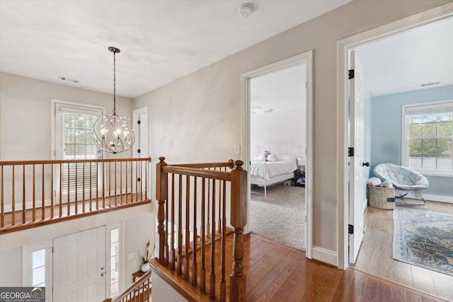 corridor featuring a wealth of natural light, wood-type flooring, and an inviting chandelier