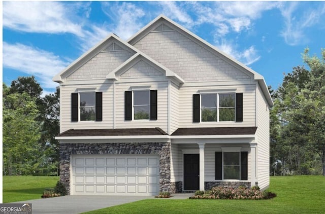 craftsman inspired home with a front yard and a garage