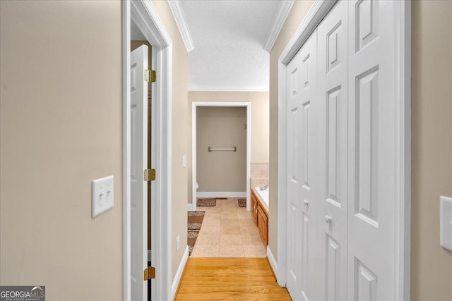 hallway featuring crown molding, a textured ceiling, and light hardwood / wood-style flooring