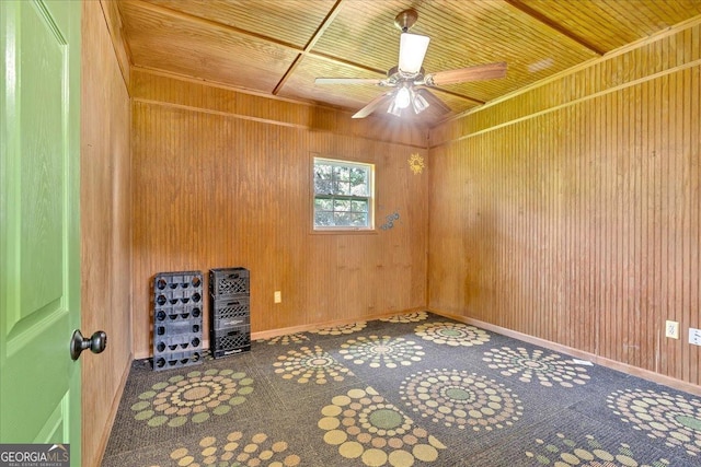 spare room featuring ceiling fan, wooden ceiling, and wood walls