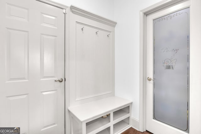 mudroom with dark wood-type flooring