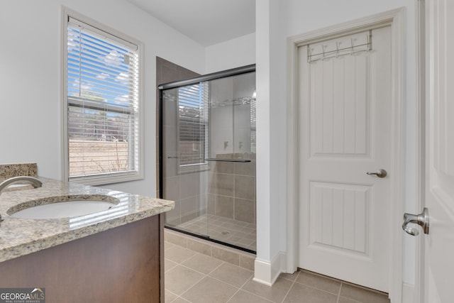 bathroom with vanity, tile patterned floors, and a shower with door