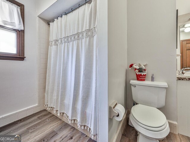 bathroom with hardwood / wood-style flooring, toilet, walk in shower, and sink