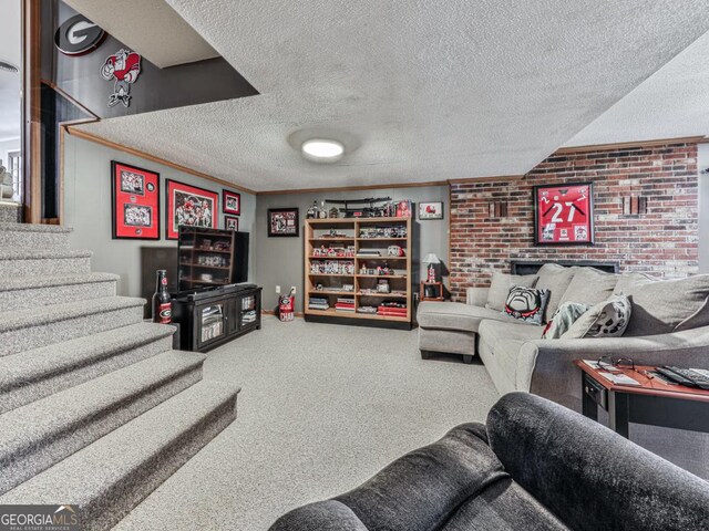 carpeted living room with ornamental molding and a textured ceiling