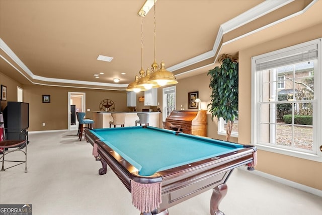 playroom with bar area, a raised ceiling, crown molding, billiards, and carpet flooring