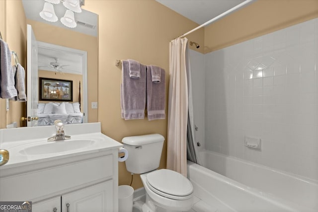 full bathroom featuring shower / bath combo, vanity, tile patterned flooring, ceiling fan, and toilet