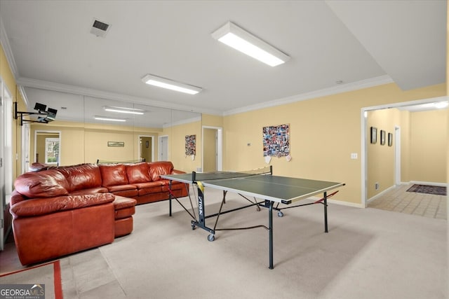 playroom with light carpet and ornamental molding