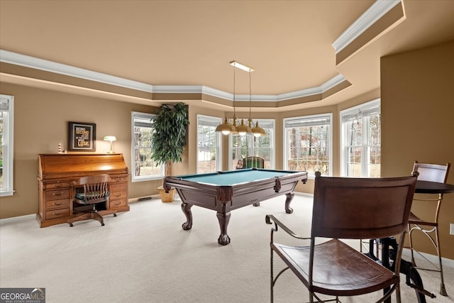 rec room with light colored carpet, ornamental molding, and pool table