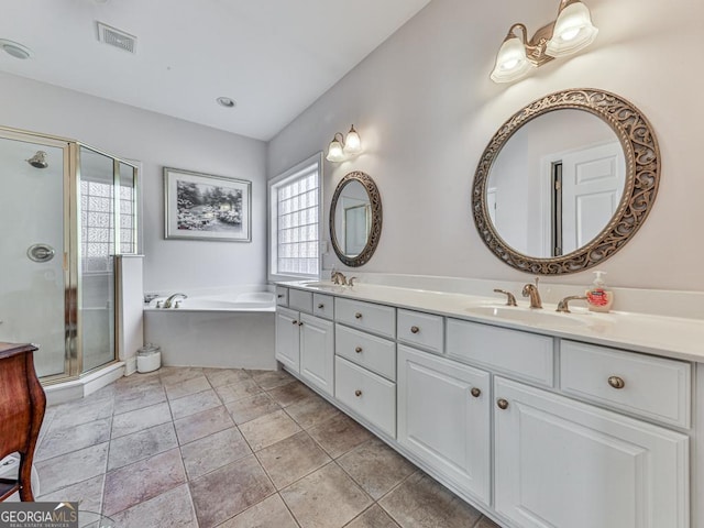 bathroom with vanity and plus walk in shower