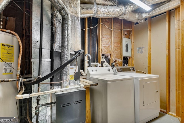 laundry area featuring water heater, washer and dryer, and electric panel