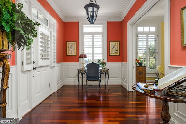 home office featuring dark hardwood / wood-style floors, crown molding, and a healthy amount of sunlight