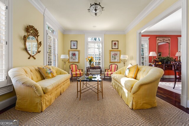 living area featuring hardwood / wood-style floors and crown molding