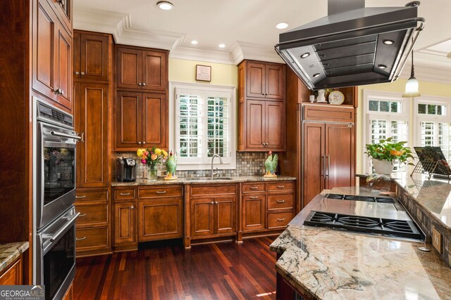 kitchen featuring pendant lighting, stainless steel appliances, island range hood, and a wealth of natural light