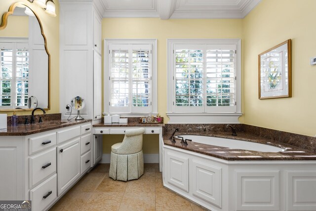 bathroom with tile patterned flooring, vanity, and ornamental molding