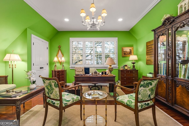 sitting room featuring hardwood / wood-style floors, a notable chandelier, crown molding, and vaulted ceiling