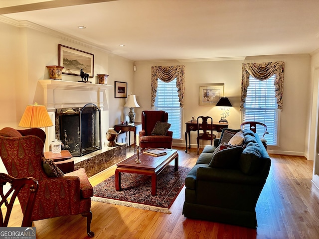 living room with hardwood / wood-style flooring, a premium fireplace, and ornamental molding