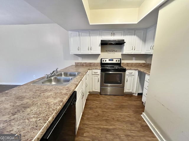 1153 Village Main St, Stone Mountain, GA 30088 - kitchen with white cabinets, dishwasher, under cabinet range hood, stainless steel range with electric stovetop, and a sink