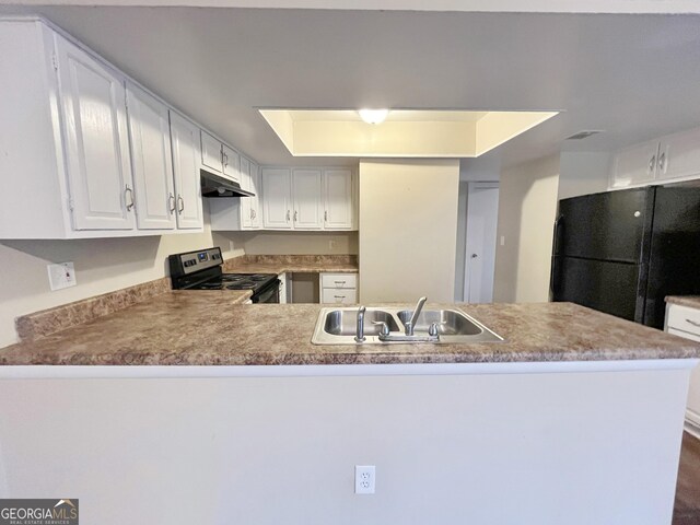 1153 Village Main St, Stone Mountain, GA 30088 - kitchen featuring electric stove, a raised ceiling, freestanding refrigerator, a sink, and under cabinet range hood