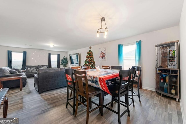 dining area with hardwood / wood-style floors and a healthy amount of sunlight