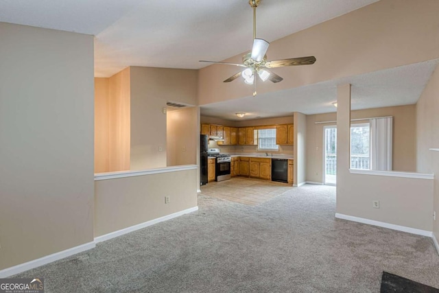 kitchen featuring light colored carpet, ceiling fan, lofted ceiling, and black appliances