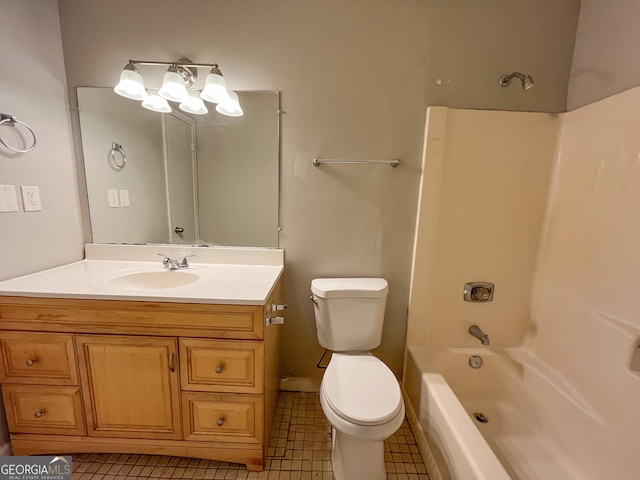 full bathroom with washtub / shower combination, vanity, and toilet