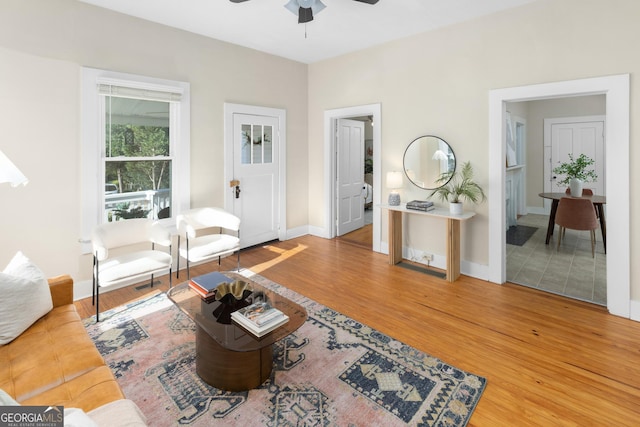 living room featuring hardwood / wood-style flooring and ceiling fan