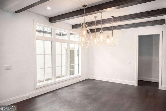 unfurnished dining area featuring beam ceiling, a healthy amount of sunlight, and dark hardwood / wood-style floors