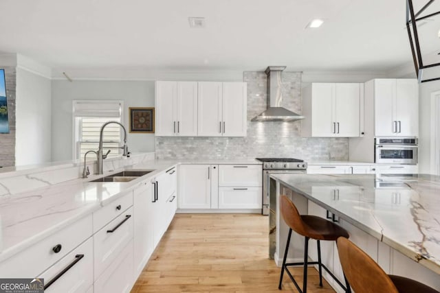 kitchen with white cabinetry, sink, wall chimney exhaust hood, a kitchen breakfast bar, and appliances with stainless steel finishes