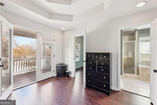 entryway featuring dark hardwood / wood-style floors and a raised ceiling