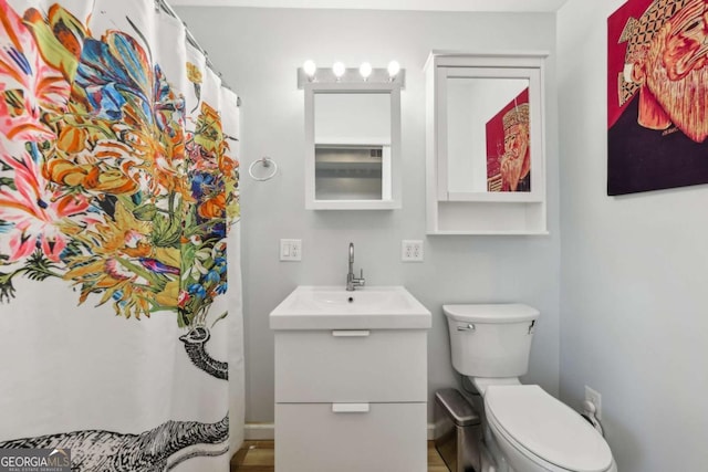 bathroom with wood-type flooring, vanity, and toilet