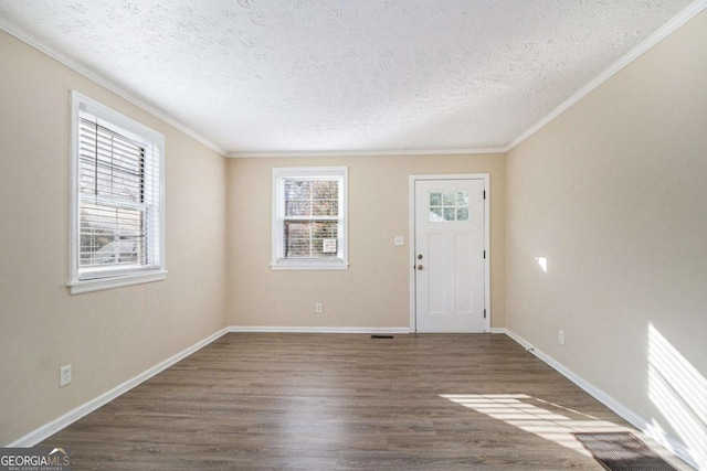 foyer entrance with a textured ceiling, dark hardwood / wood-style floors, and a wealth of natural light