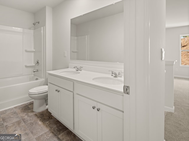 full bathroom featuring shower / tub combination, vanity, and toilet