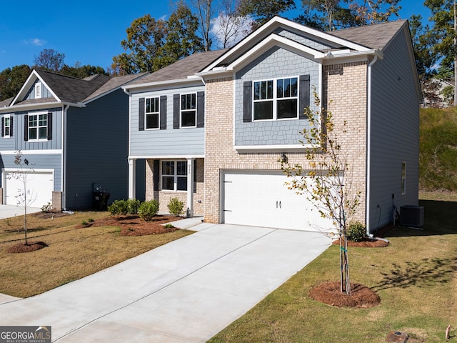 view of front facade with central AC, a front yard, and a garage