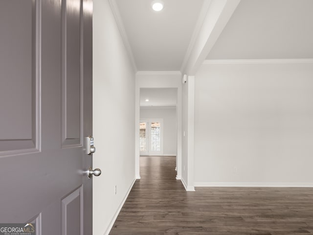 corridor featuring french doors, dark hardwood / wood-style floors, and ornamental molding